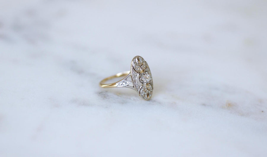 Art Deco Oval Arabesque Diamonds on Yellow Gold and Platinum Ring