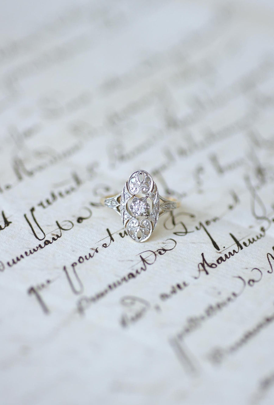 Art Deco Oval Arabesque Diamonds on Yellow Gold and Platinum Ring