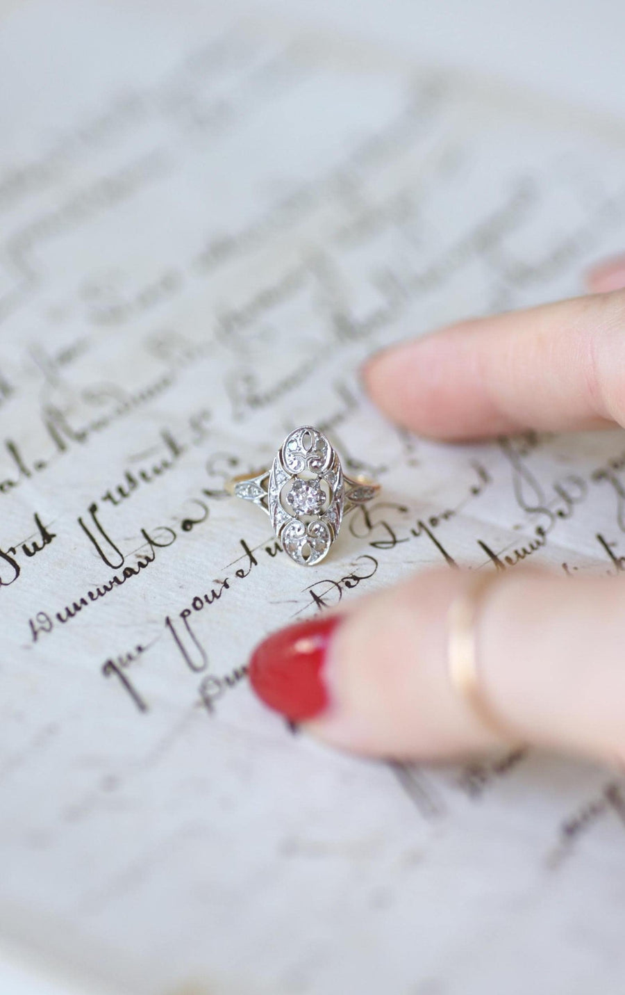 Art Deco Oval Arabesque Diamonds on Yellow Gold and Platinum Ring