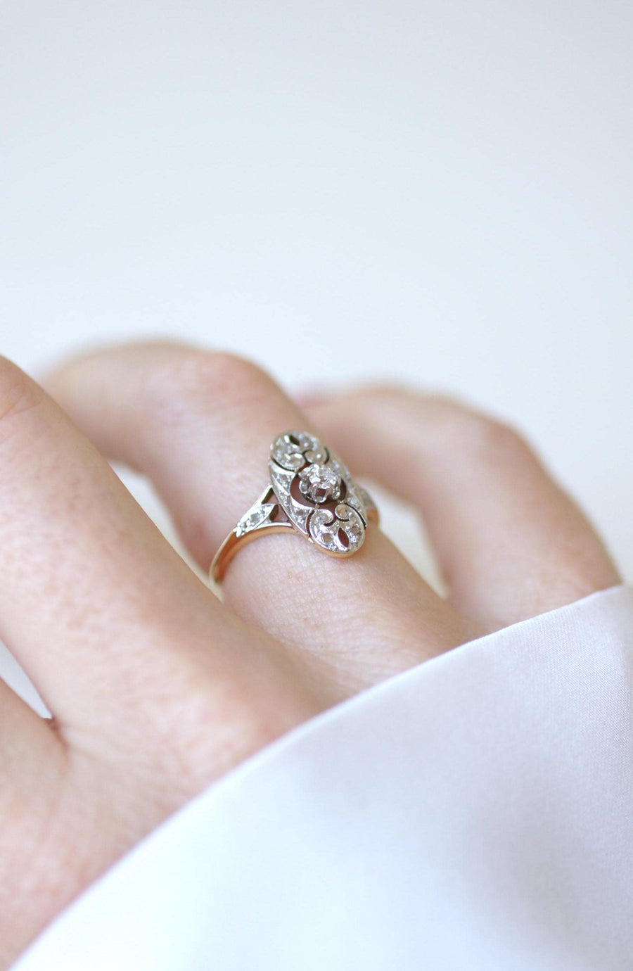Art Deco Oval Arabesque Diamonds on Yellow Gold and Platinum Ring