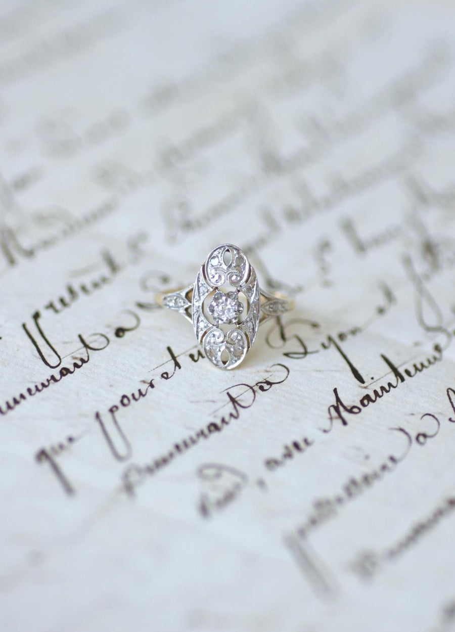 Art Deco Oval Arabesque Diamonds on Yellow Gold and Platinum Ring