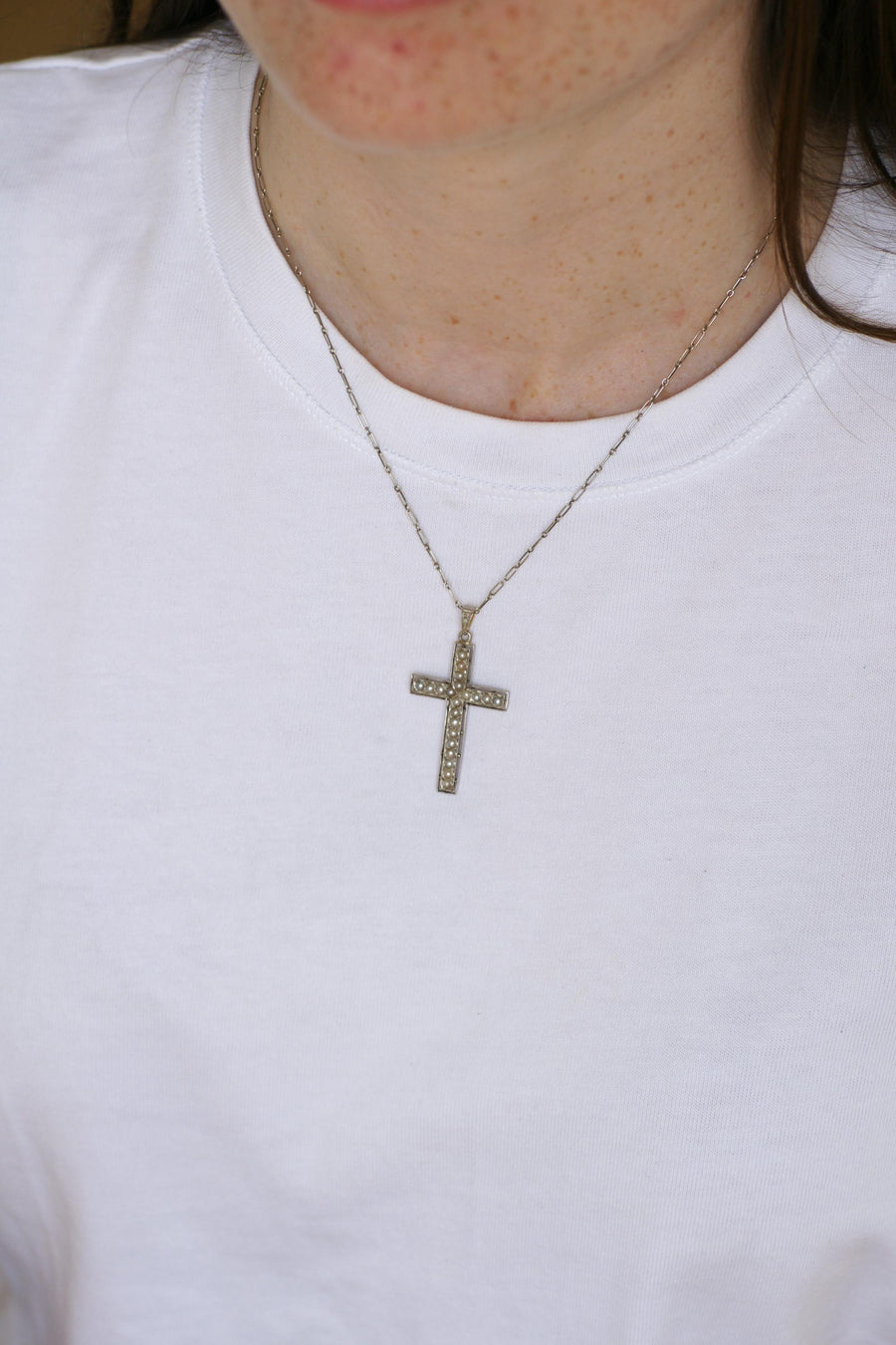 Art Deco Cross Pendant Pearls and Diamonds on Gold and Platinum