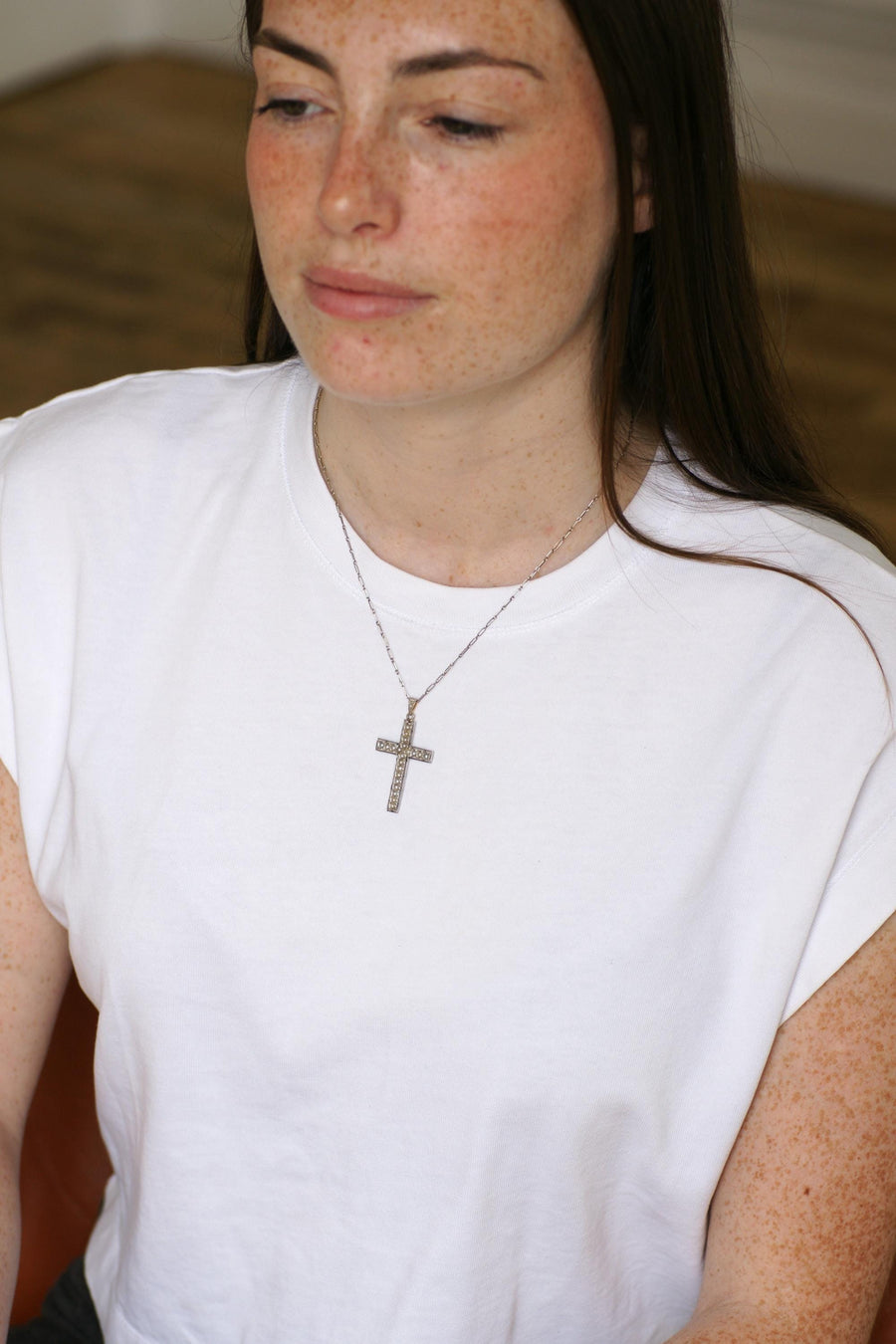 Art Deco Cross Pendant Pearls and Diamonds on Gold and Platinum