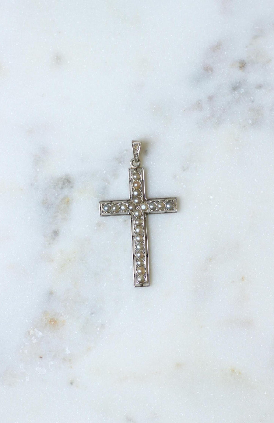 Art Deco Cross Pendant Pearls and Diamonds on Gold and Platinum