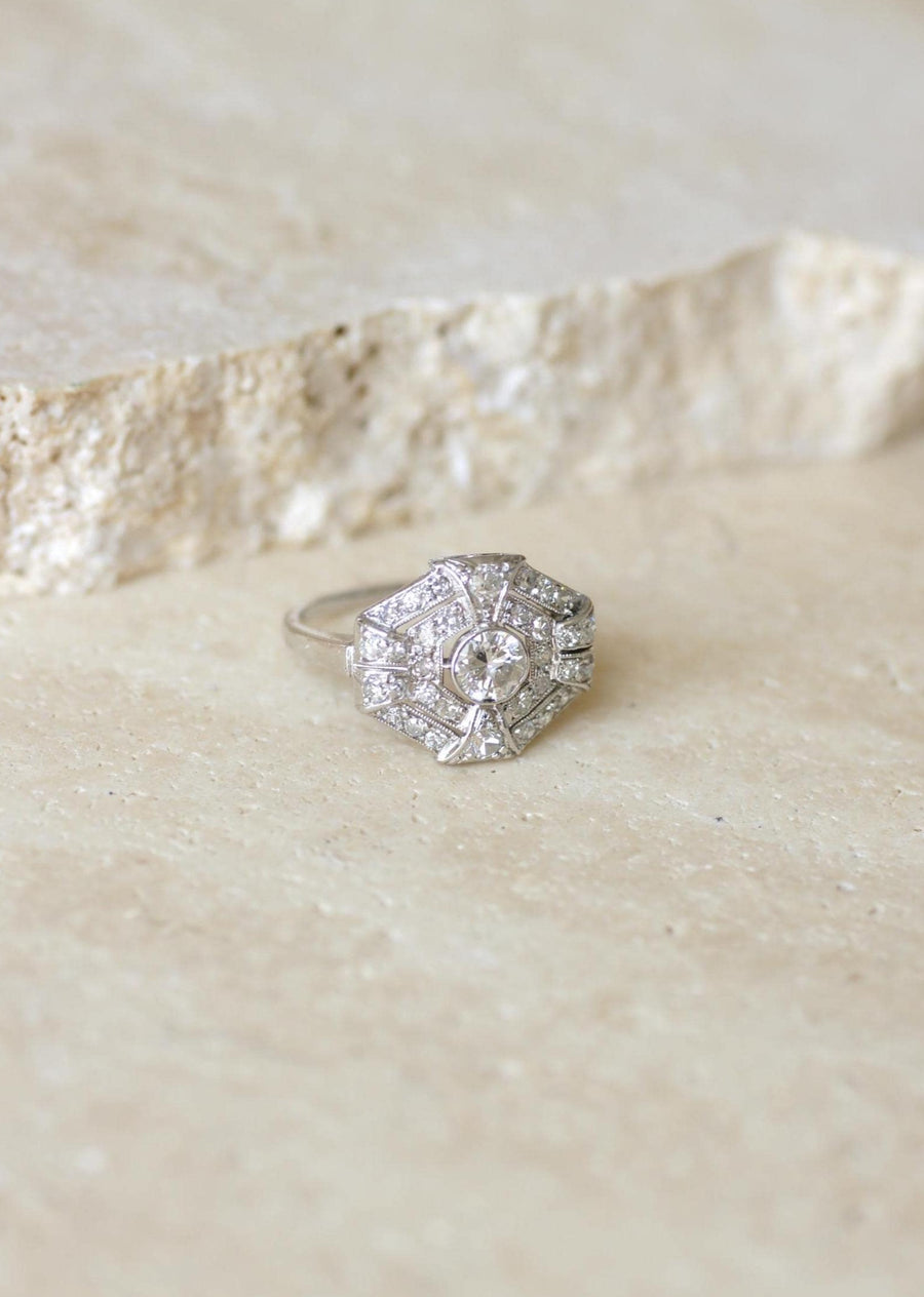 Octagonal Art Deco Ring Diamonds on Platinum