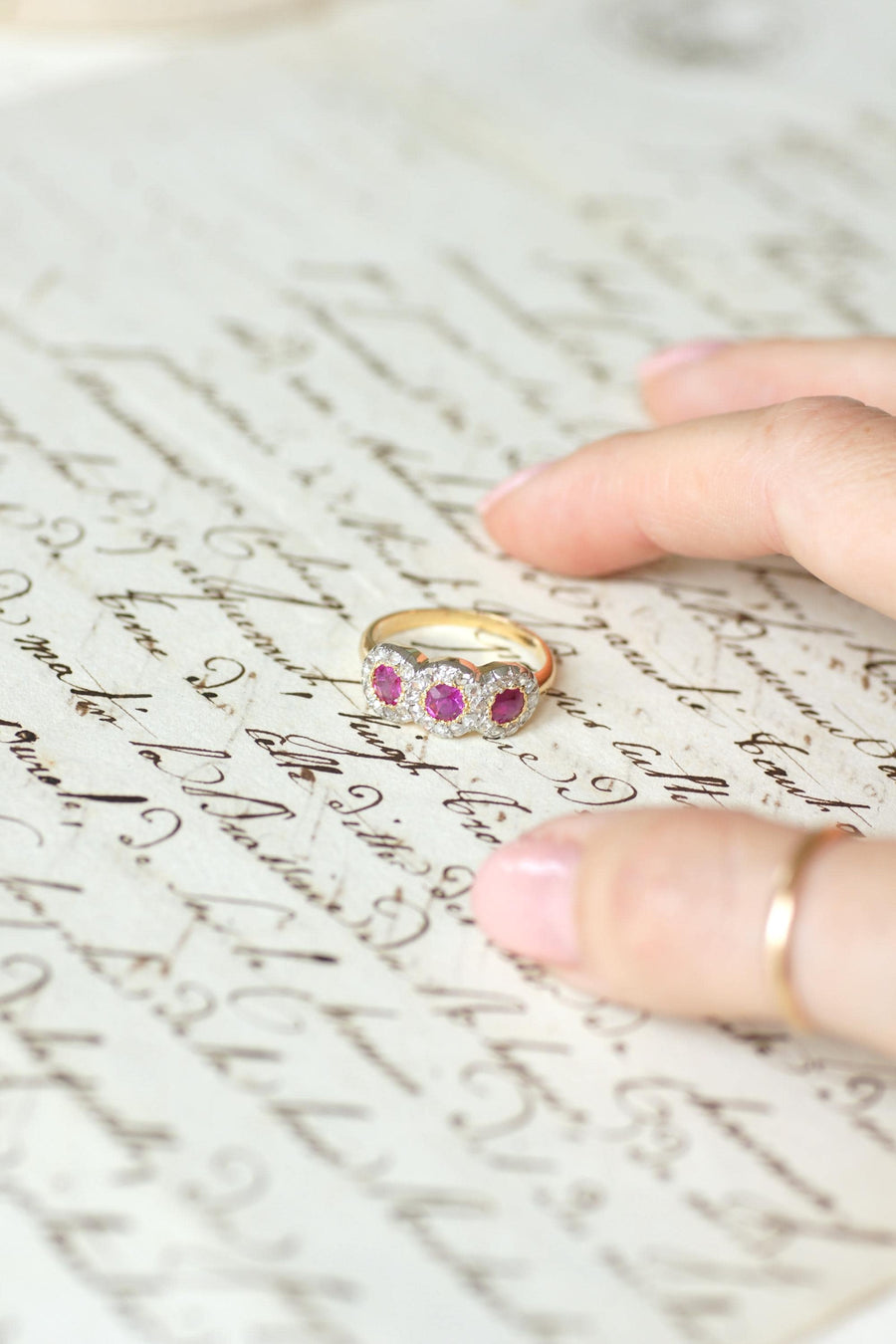 Antique Garter Trilogy Ring Burmese Ruby and Diamonds