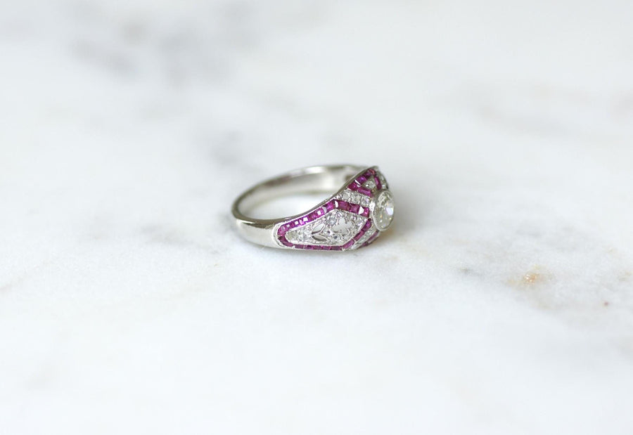 Art Deco Dome Ring Calibrated Diamonds and Rubies on White Gold and Platinum
