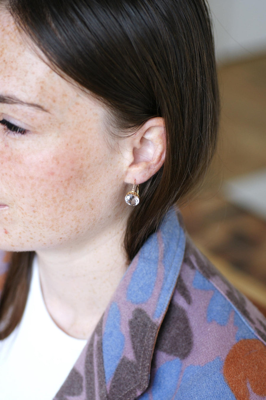 French Rose Amethyst Round Poissardes Earrings on Rose Gold
