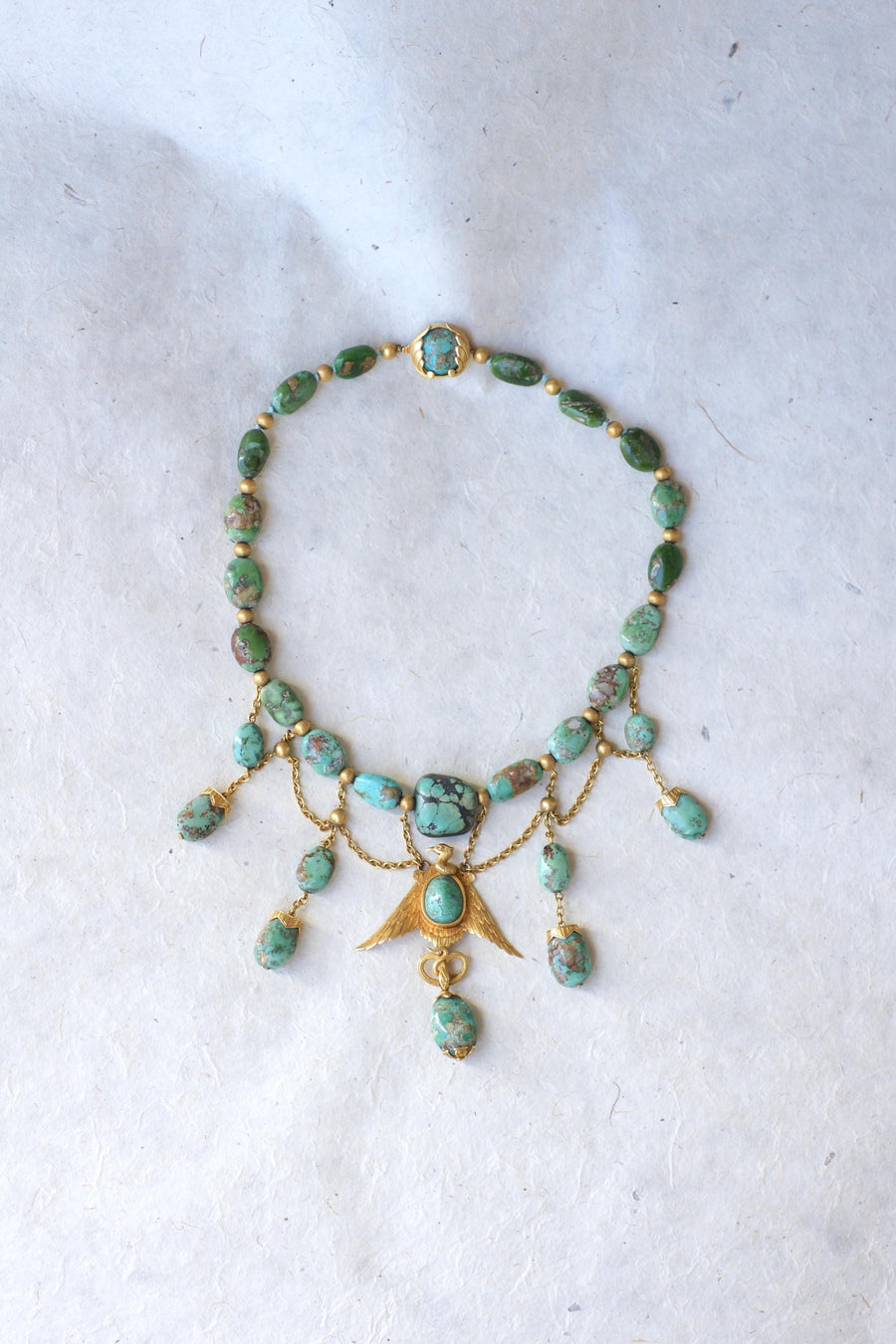 Antique Neo Egyptian Yellow Gold and Turquoise Necklace