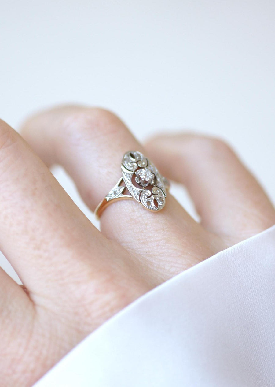 Art Deco Oval Arabesque Diamonds on Yellow Gold and Platinum Ring