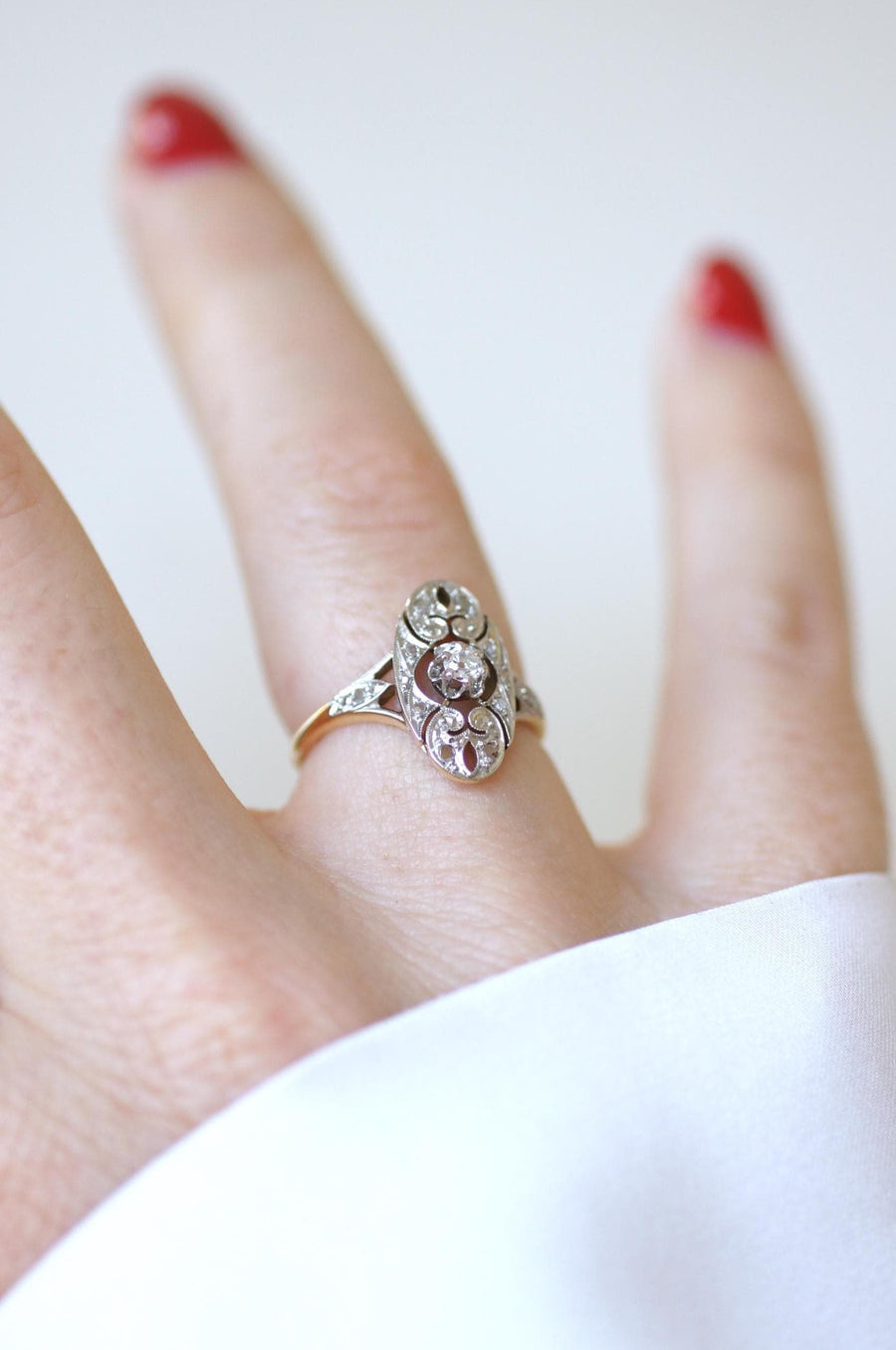 Art Deco Oval Arabesque Diamonds on Yellow Gold and Platinum Ring