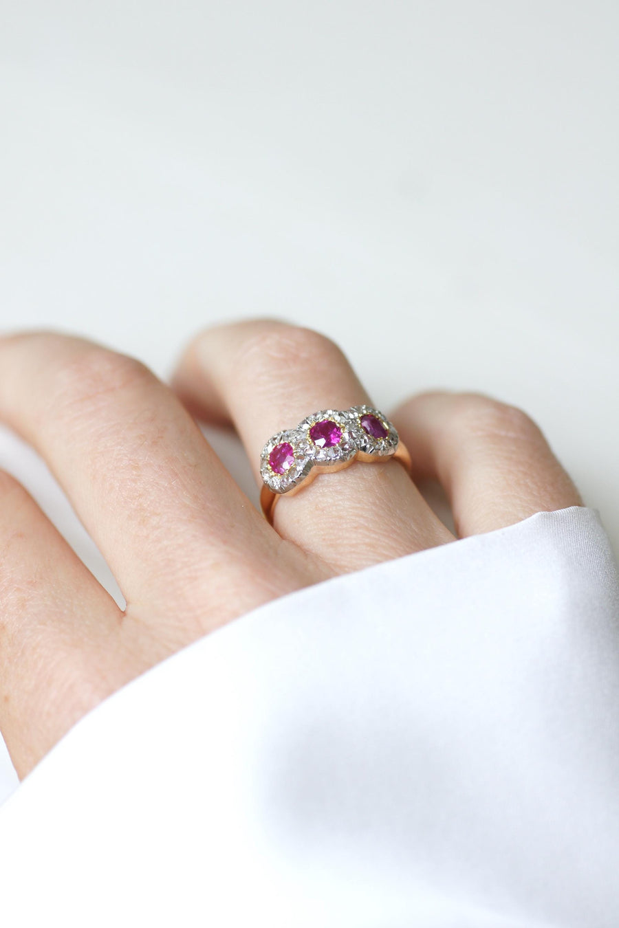 Antique Garter Trilogy Ring Burmese Ruby and Diamonds