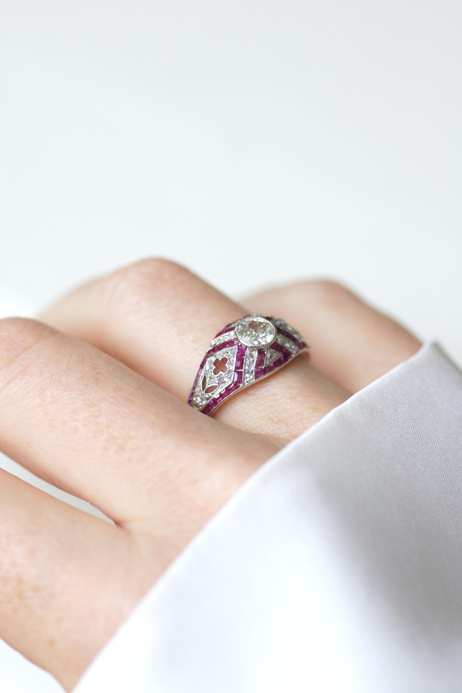 Art Deco Dome Ring Calibrated Diamonds and Rubies on White Gold and Platinum
