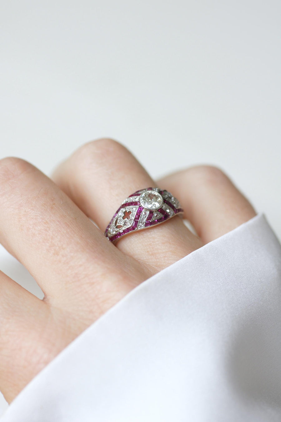 Art Deco Dome Ring Calibrated Diamonds and Rubies on White Gold and Platinum
