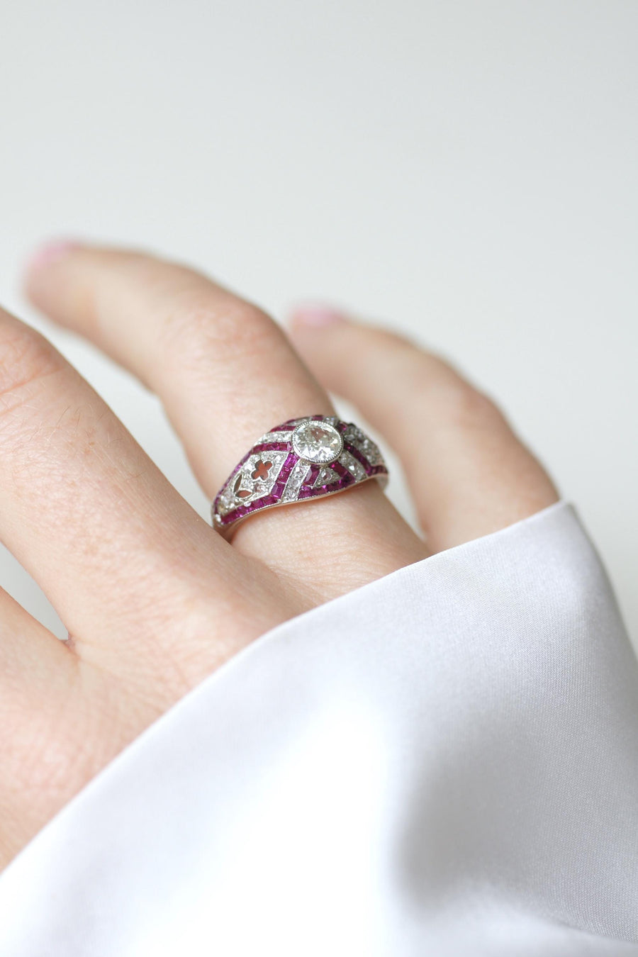 Art Deco Dome Ring Calibrated Diamonds and Rubies on White Gold and Platinum