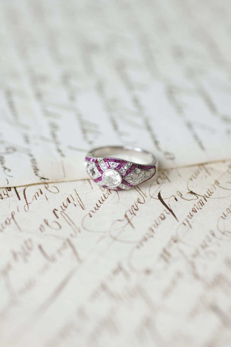 Art Deco Dome Ring Calibrated Diamonds and Rubies on White Gold and Platinum