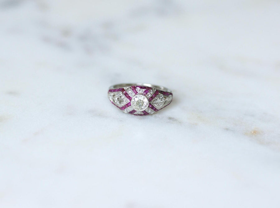 Art Deco Dome Ring Calibrated Diamonds and Rubies on White Gold and Platinum