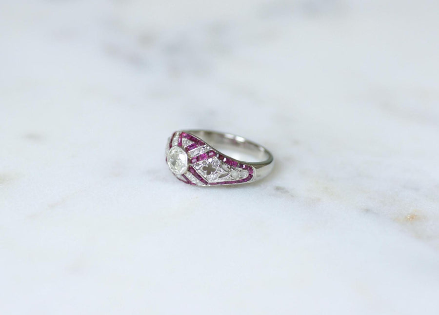 Art Deco Dome Ring Calibrated Diamonds and Rubies on White Gold and Platinum