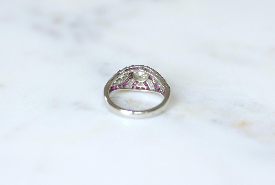 Art Deco Dome Ring Calibrated Diamonds and Rubies on White Gold and Platinum