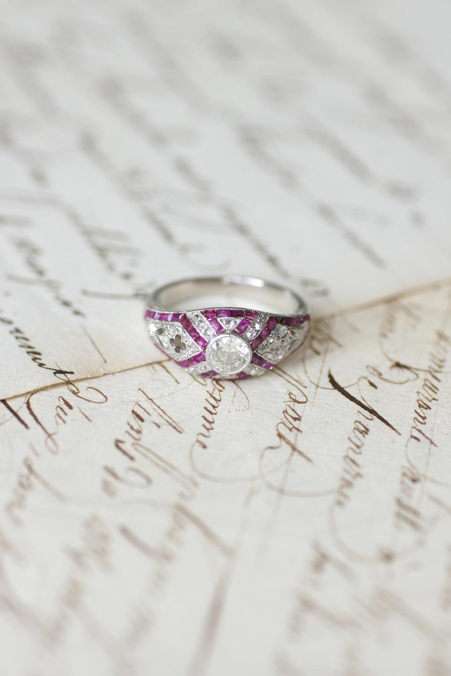 Art Deco Dome Ring Calibrated Diamonds and Rubies on White Gold and Platinum