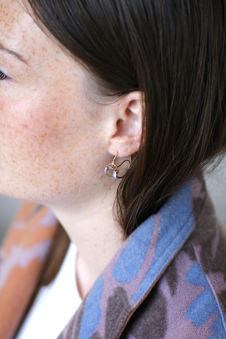 French Rose Amethyst Round Poissardes Earrings on Rose Gold