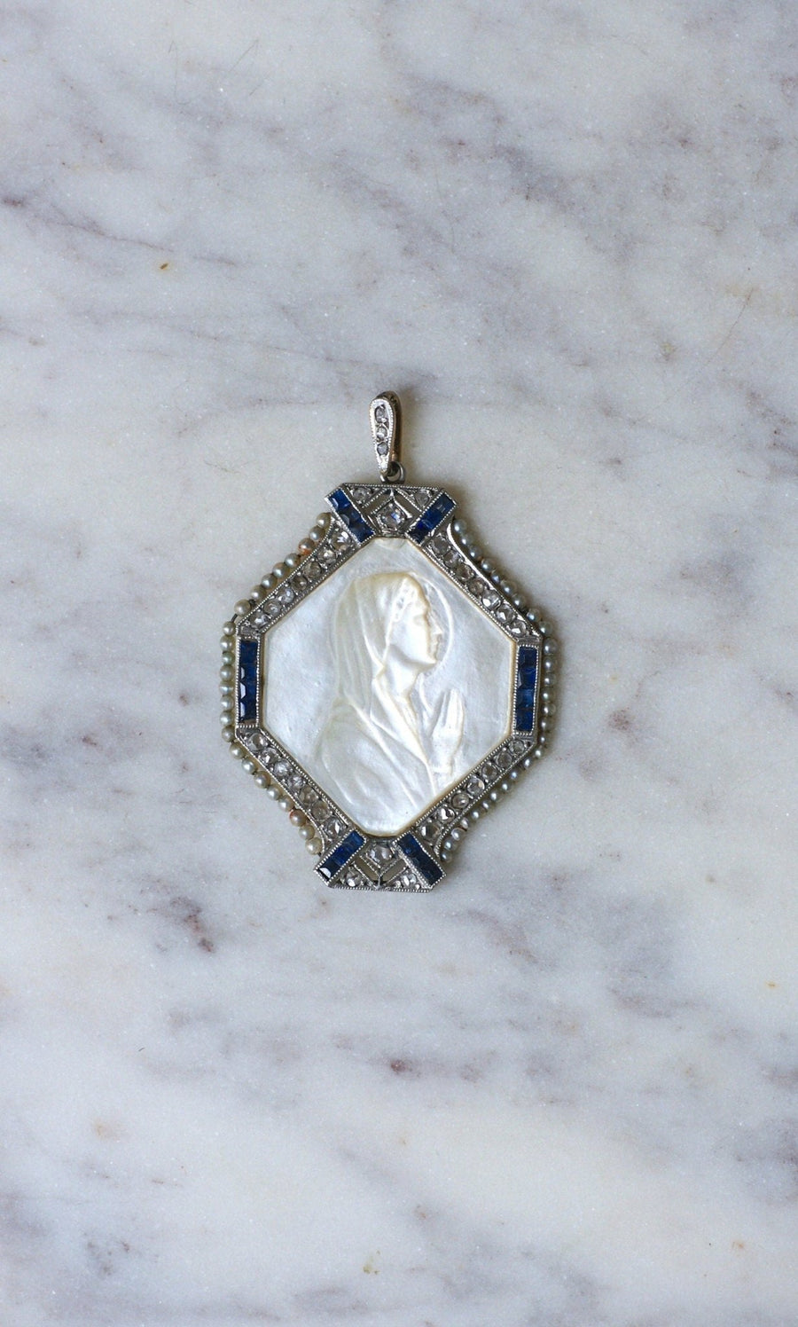 Mother-of-Pearl, Sapphire, Diamond and Pearl Art Deco Virgin Mary Medal - Galerie Pénélope