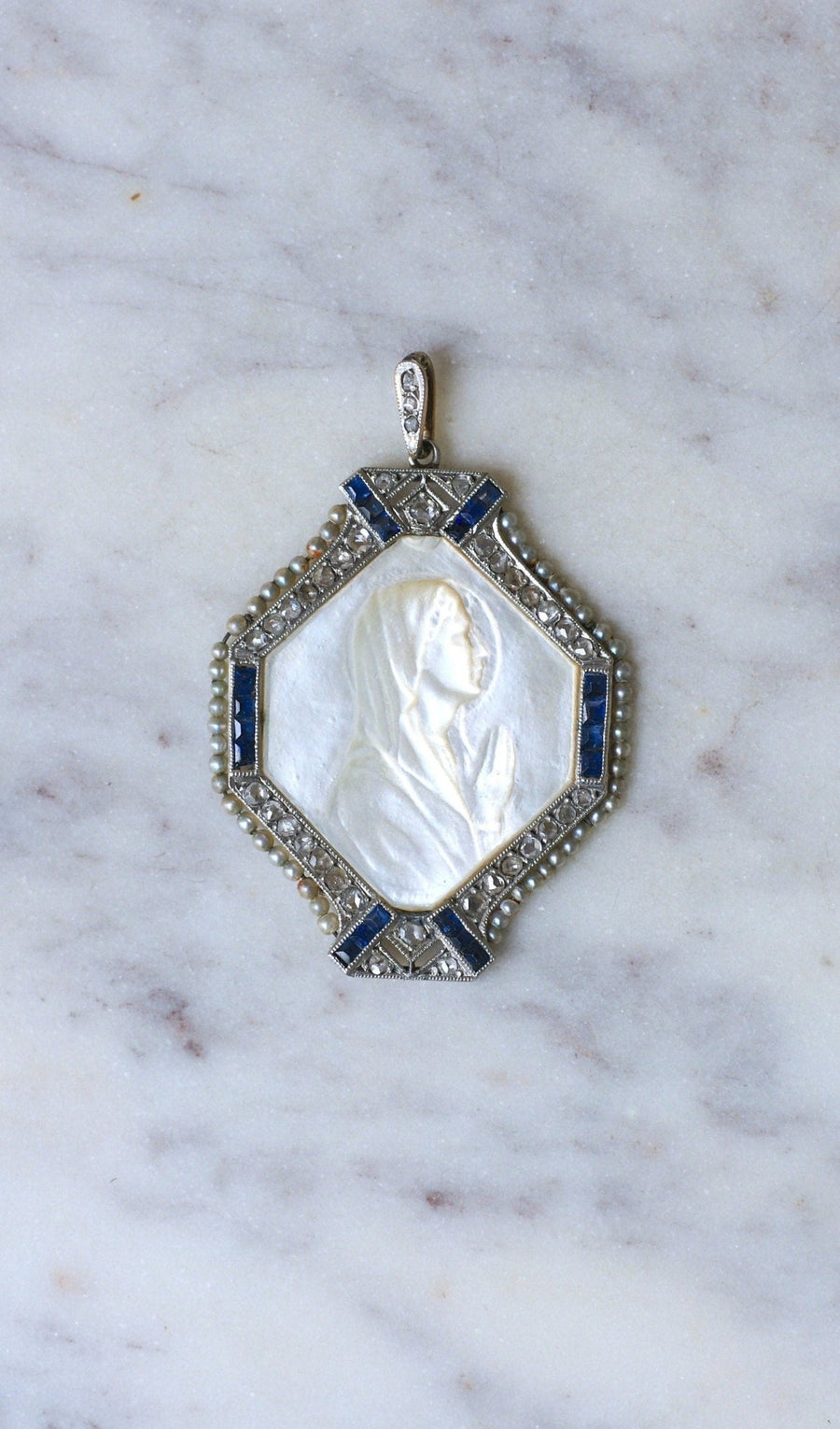 Mother-of-Pearl, Sapphire, Diamond and Pearl Art Deco Virgin Mary Medal - Galerie Pénélope