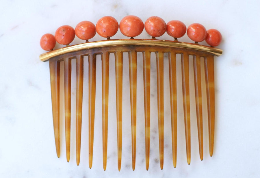 Antique Yellow Gold Coral Hair Comb - Galerie Pénélope