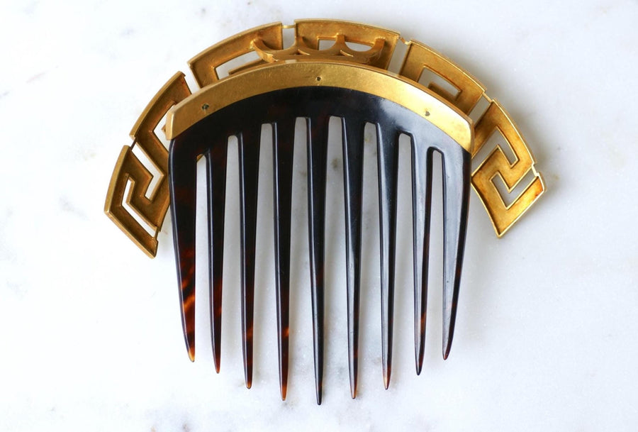 Antique Greek Meander Yellow Gold and Tortoiseshell Comb - Galerie Pénélope