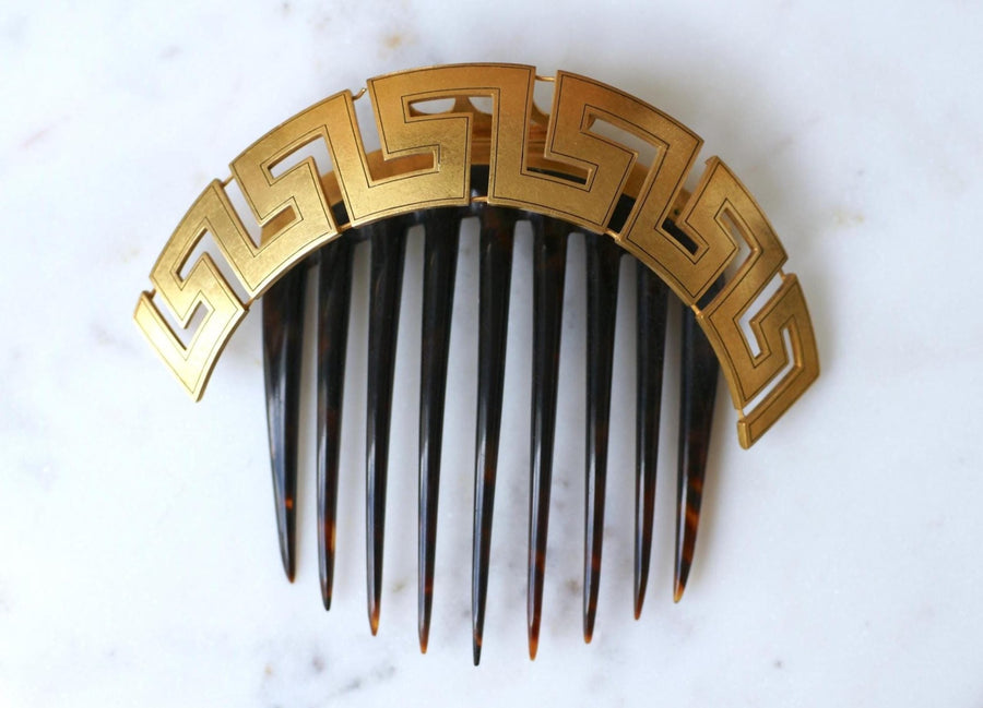 Antique Greek Meander Yellow Gold and Tortoiseshell Comb - Galerie Pénélope