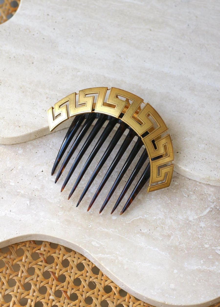 Antique Greek Meander Yellow Gold and Tortoiseshell Comb - Galerie Pénélope