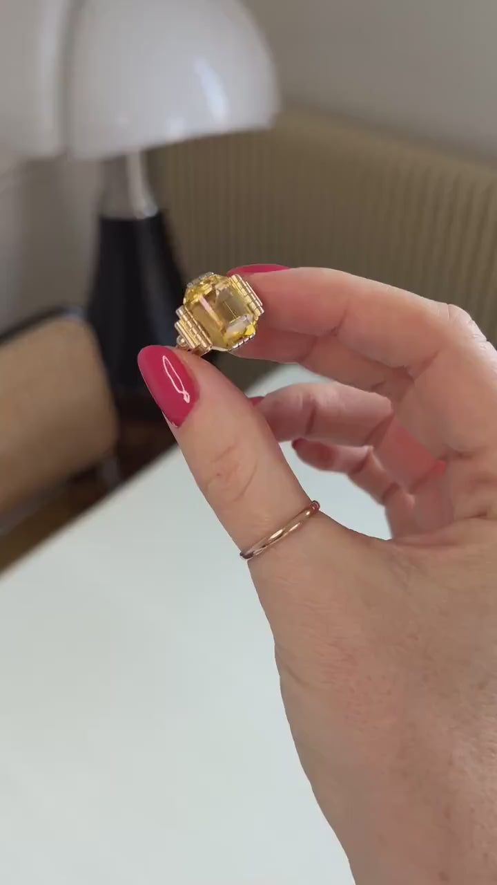 Art Deco Cocktail Tank Ring, Citrine on Gold