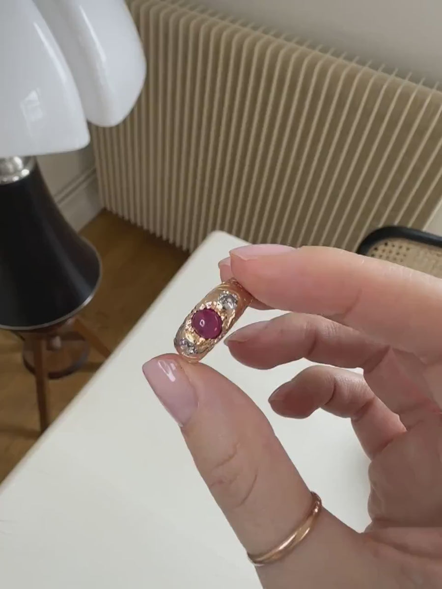 Antique Ring Chased Pink Gold, Burmese Ruby and Diamonds