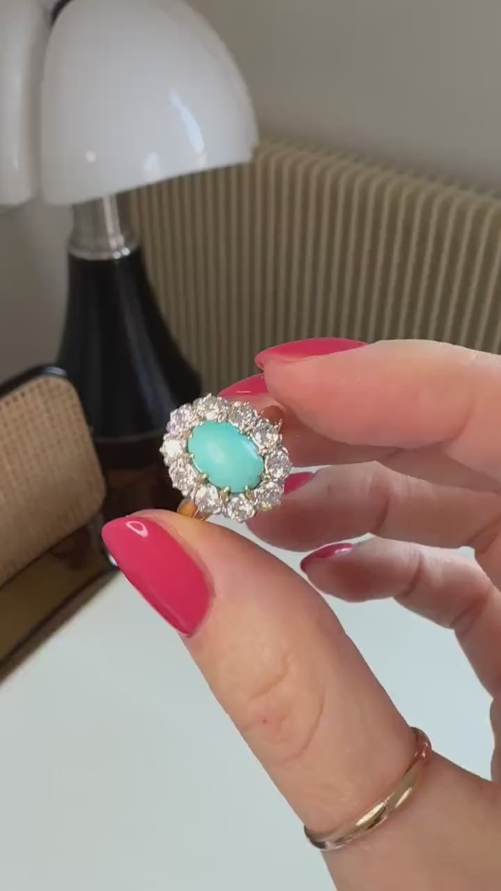 Ring Marguerite Belle Epoque Turquoise Surrounded by Diamonds 1.20 Cts