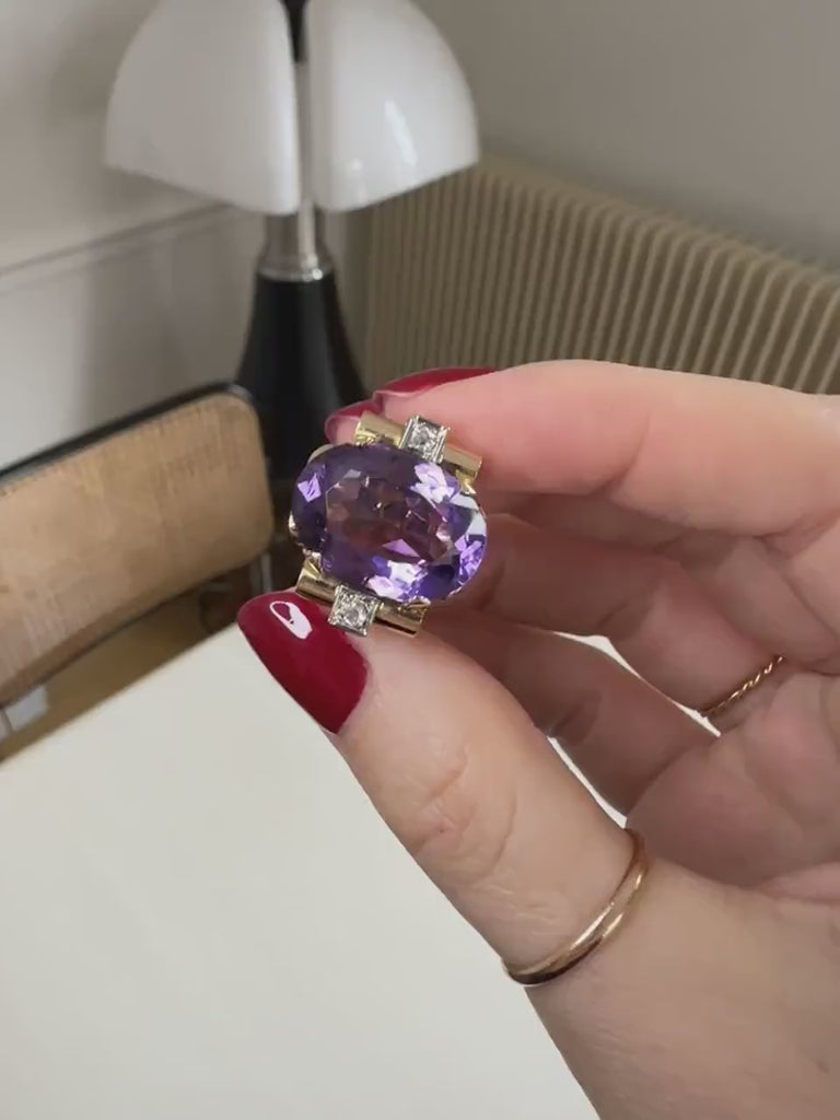 Art Deco Amethyst and Diamond Cocktail Tank Ring on Gold