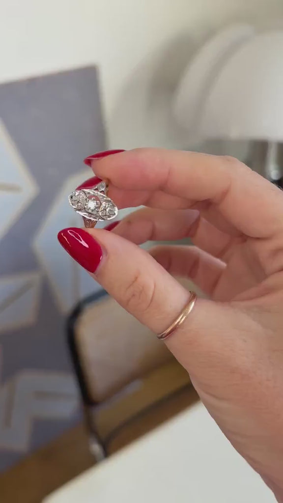 Art Deco Oval Arabesque Diamonds on Yellow Gold and Platinum Ring