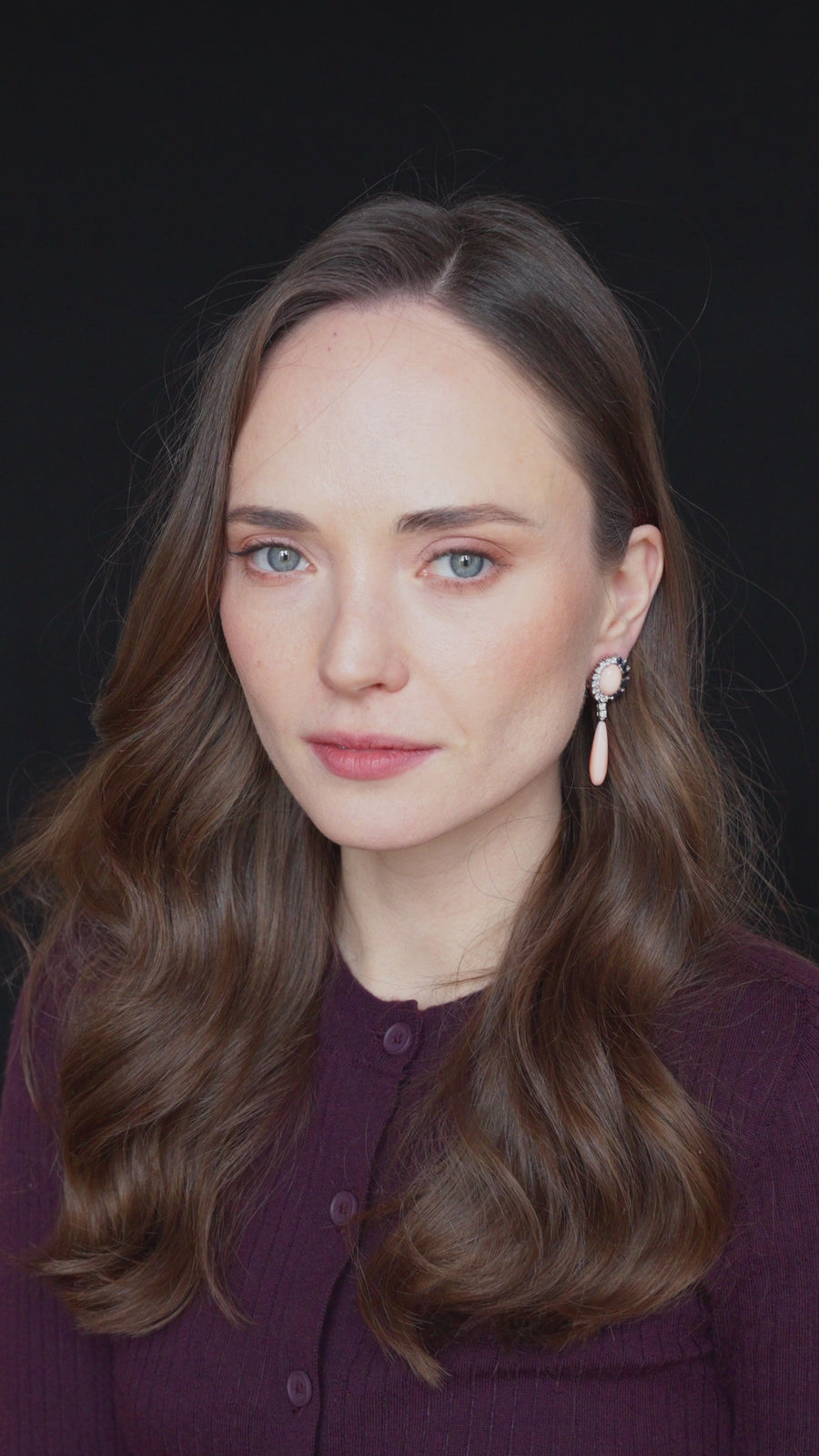Peau d'Ange Coral Earrings Diamonds Sapphires White Gold