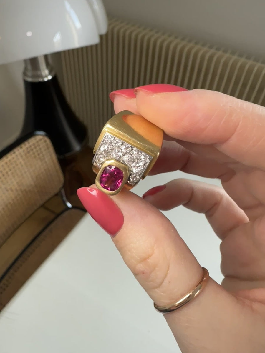 Tank pink tourmaline and diamonds ring