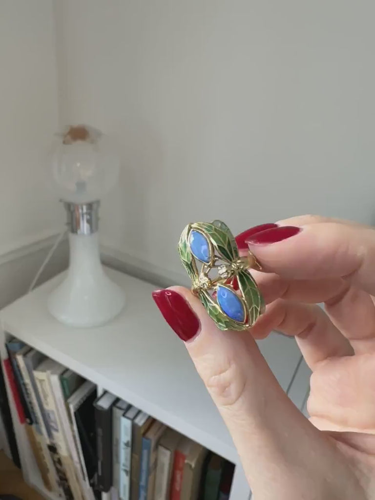 Art Nouveau style opal dragonfly ring with enamel and diamonds on gold