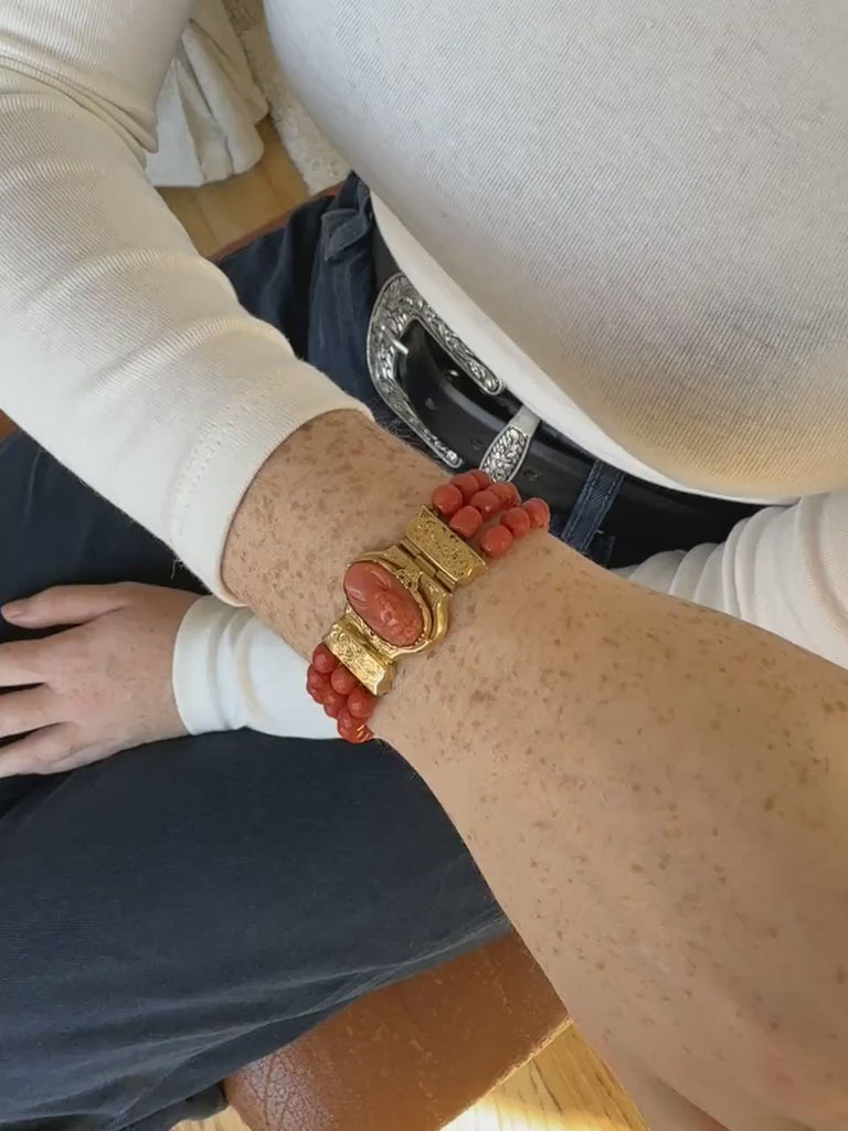 Antique Three Row Coral and Cameo on Yellow Gold Bracelet