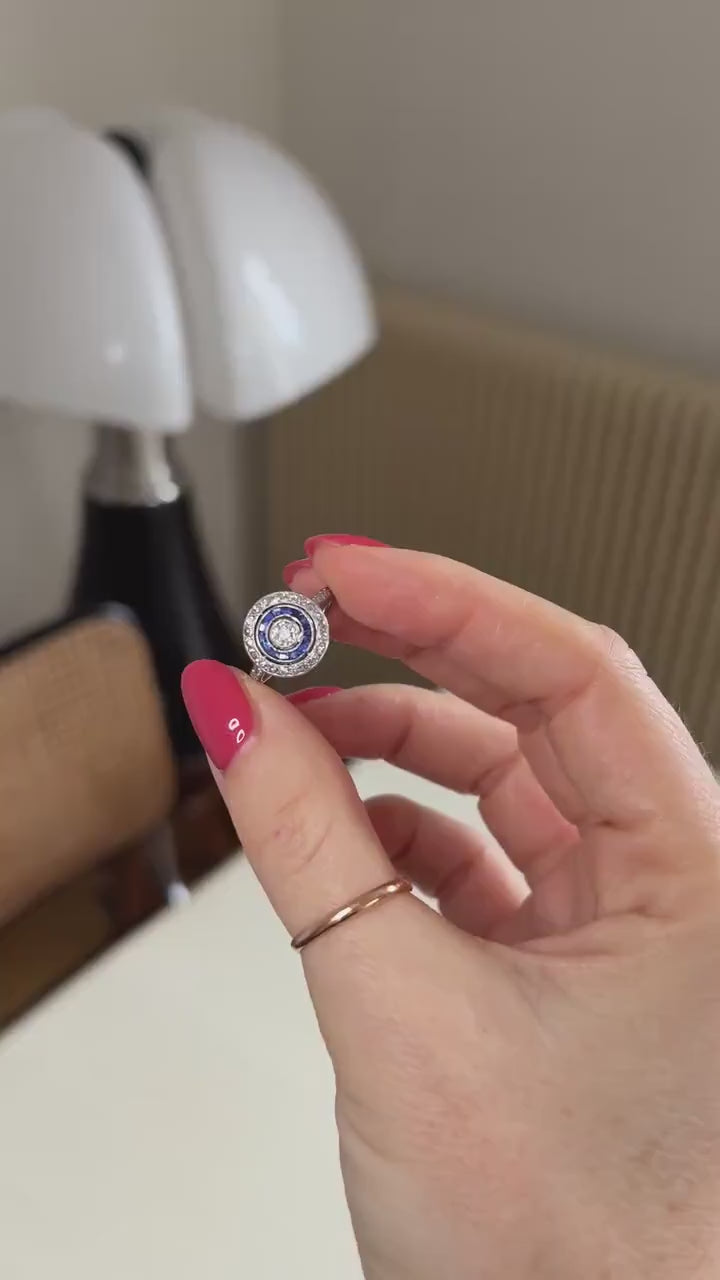 Art Deco Target Ring Calibrated Sapphires and Diamonds on Platinum