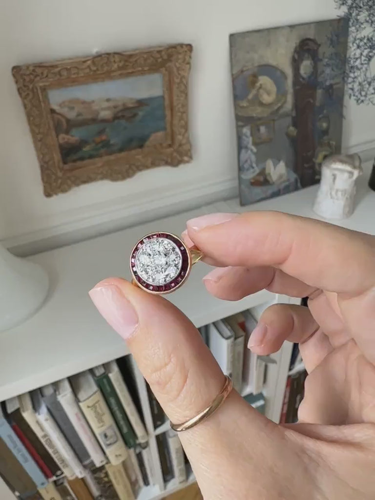 Art Deco Target Ring Calibrated Diamonds and Rubies on Yellow Gold