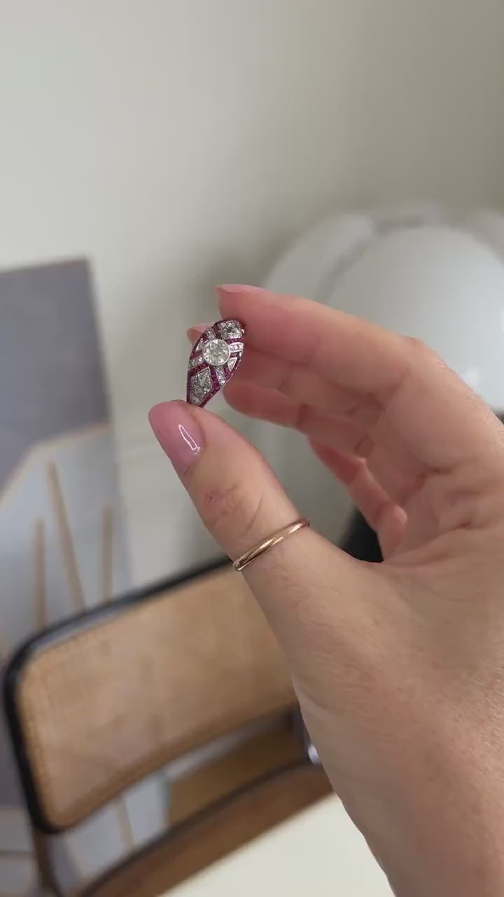 Art Deco Dome Ring Calibrated Diamonds and Rubies on White Gold and Platinum