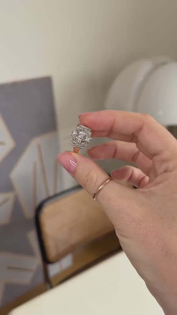Art Deco Tank Escalier Diamonds rose gold and platinum ring