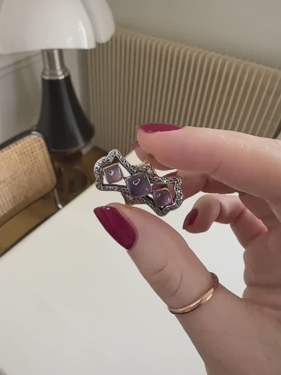 Antique marquise ring, diamonds and amethysts on gold and silver