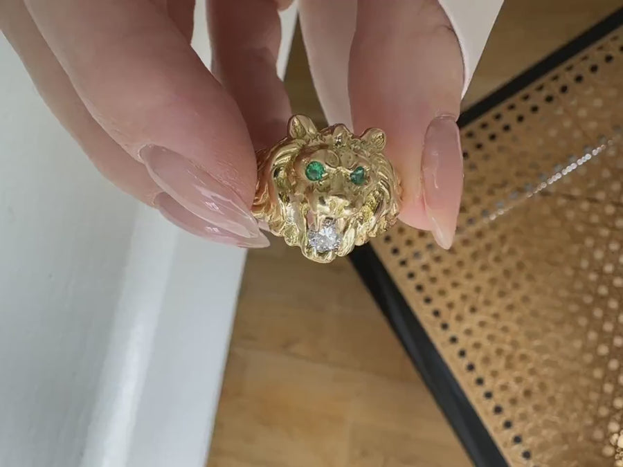 French yellow gold Lion Head signet ring with diamond