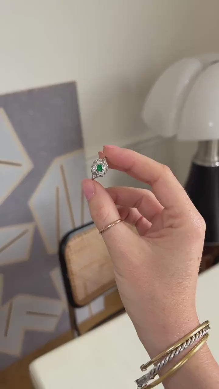 Art Deco Emerald and Diamonds on Platinum Ring