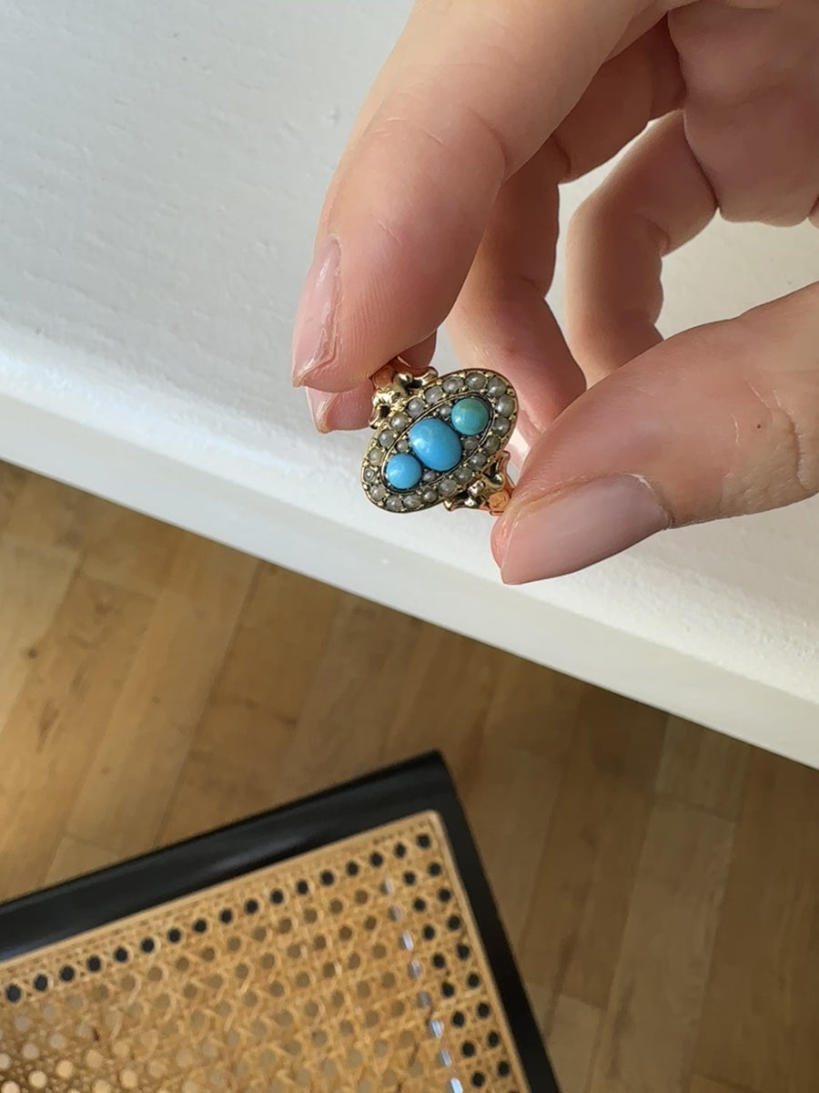 Turquoise and pearl marquise ring