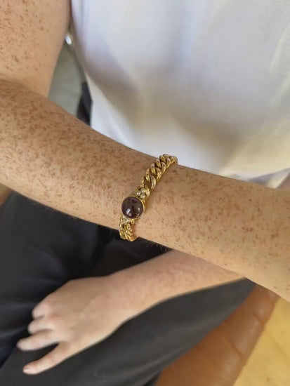 Antique Gourmette Bracelet in Yellow Gold, Garnet and Pearls