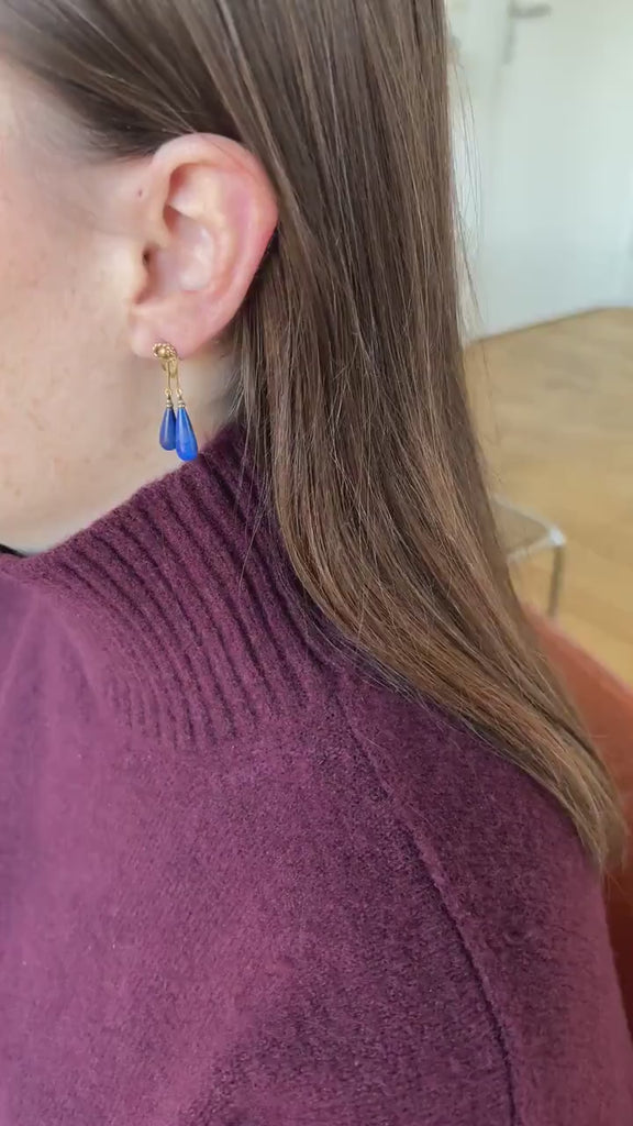 Lapis Lazuli and Pearl Drop Earrings on Yellow Gold